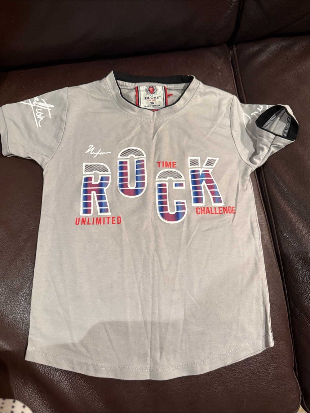 Kids "ROCK" Graphic Tee - Light Gray with Blue & Red Accents